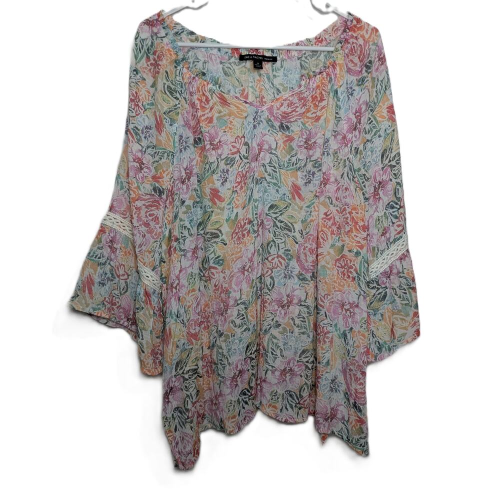 Zac & Rachel Floral Multicolor Print Bell Sleeves Size 1X